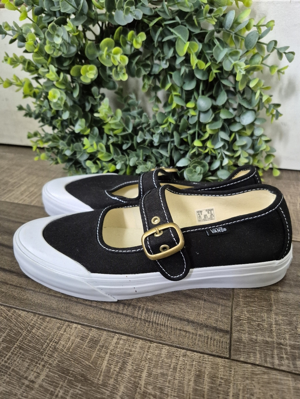 NWOT Vans Mary Jane Slip On Black White Sneakers Womens Size 6 Mens Size 4.5
